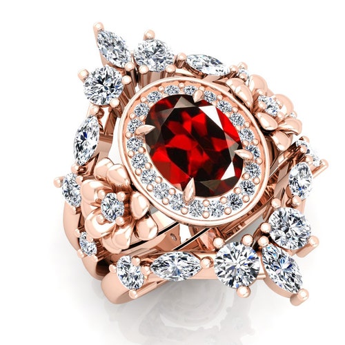 Natural Red Garnet Wedding Ring Set, Art deco 3Pcs Nature Inspired Floral Flower Halo Ring Set, Moissanite Ring Set, January shops Birthstone Ring