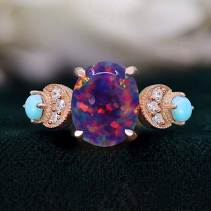Opale noire ovale en or rose 14 carats 925 bague turquoise, bague de fiançailles, bague de mariage, opale de feu noire, bague de promesse, bague tendance