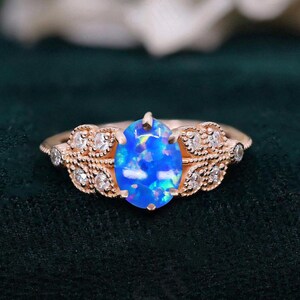 Oval Blue Opal 14K Rose Gold 925 Silver Ring Engagement Ring Wedding Ring Blue Fire Opal Ring Promise Ring Gift For Love Statement Ring