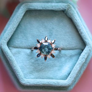8,00 mm zeshoekige natuurlijke mosagaat 14K rosévergulde 925 zilveren verlovingstrouwring unieke art-deco statement belofte liefdesring