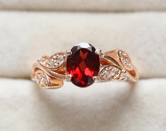 オーバル レッド ガーネット 14K ローズ ゴールド 925 シルバー リング