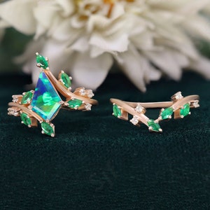 Kite Peacock Opal 14K Rose Gold 925 Silver Ring Engagement Ring Set Wedding Ring Set Blue & Green Fire Opal Ring Set Stacking Rings For Love