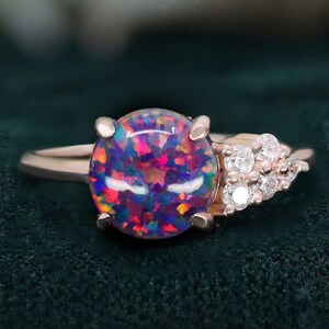 Opale noire ronde, or rose 14 carats, bague en argent 925, bague de fiançailles, bague de mariage, opale de feu noire, bague de promesse, cadeau pour amour, bague