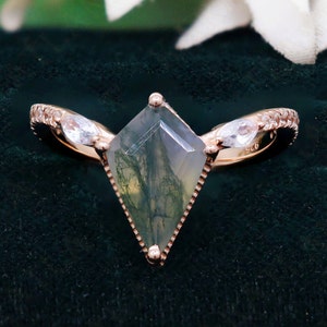 Kite Moss Agate 14K Rose Gold 925 Silver Ring Engagement Ring Wedding Ring Promise Ring Statement Ring Birthday Gift Anniversary Gift