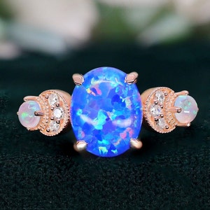 Oval Blue Opal 14K Rose Gold 925 Silver Ring Engagement Ring Wedding Ring Blue Fire Opal Ring Promise Ring Gift For Love Statement Ring