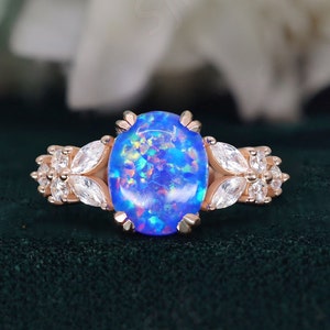 Oval Blue Opal 14K Rose Gold 925 Silver Ring Engagement Ring Wedding Ring Blue Fire Opal Ring Promise Ring Gift For Love Statement Ring