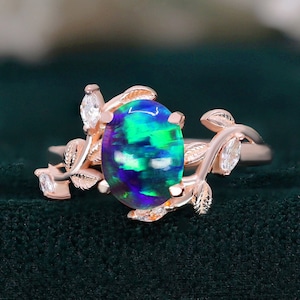 Bague en argent 925 avec opale paon ovale, or rose 14 carats, bague de fiançailles, bague de mariage, opale de feu bleue et verte, bague de promesse, cadeau pour l&#39;amour