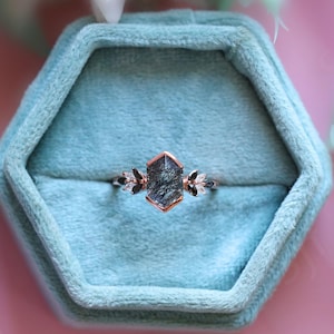 10X8.00 mm Hexagon Natural Black Rutile 14K Rose Gold Plated 925 Silver Engagement Wedding Statement Promise Dainty Shank Unique Bezel Ring