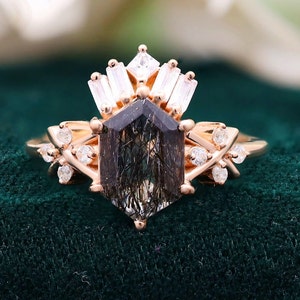 Hexagon Black Rutilated Quartz 14K Rose Gold 925 Silver Ring Engagement Ring Wedding Ring Art Deco Ring Promise Ring Statement Ring