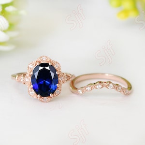 Oval Blue Sapphire Wedding Ring Set 2PCS Engagement Ring For Her 14K Gold Ring Set For Her 925 Silver Ring Set Sapphire Art Deco Ring