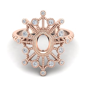 Oval 7x5 Semi Mount Solitaire Engagement Ring, Vintage Art deco Bridal Diamond Semi Mount Gold Ring, Flower Shape Semi Mount Ring For Women