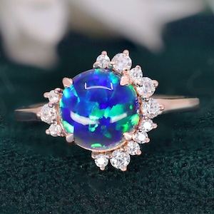 Bague en argent 925 avec opale paon ronde, or rose 14 carats, bague de fiançailles, bague de mariage, opale de feu bleue et verte, bague de promesse, cadeau pour l&#39;amour