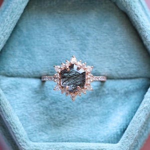 8.00 mm Hexagon Black Rutile Quartz 14K Rose Gold Plated 925 Silver Engagement Wedding Ring Halo Art Deco Statement Promise Casual Wear
