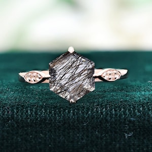 Hexagon Black Rutilated Quartz 14K Rose Gold 925 Silver Ring Engagement Ring Wedding Ring Art Deco Ring Promise Ring Statement Ring