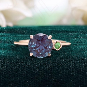 Round Alexandrite 14K Rose Gold 925 Silver Ring Engagement Ring Wedding Ring Halo Ring Promise Ring Gift For Love Statement Ring