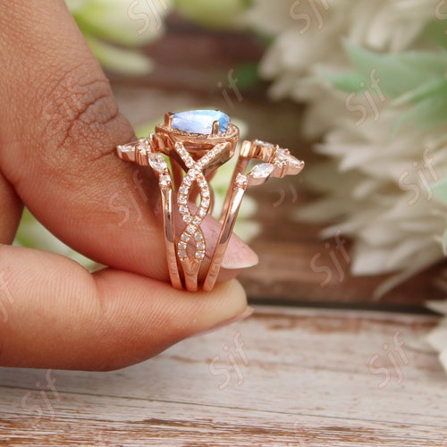 8x6mm Pear Natural Rainbow Moonstone Wedding shops Ring Set, Pear Cut Moonstone Anniversary Ring Set For Women, June Birthstone Gift For Wife