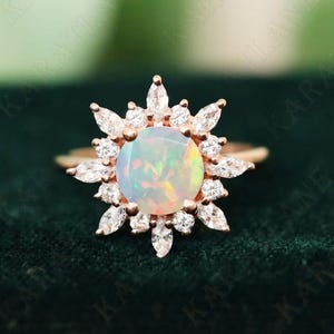Round Opal 14K Rose Gold 925 Silver Ring Engagement Ring Wedding Ring Fire Opal Ring Promise Ring Gift For Love Statement Ring Promise Ring
