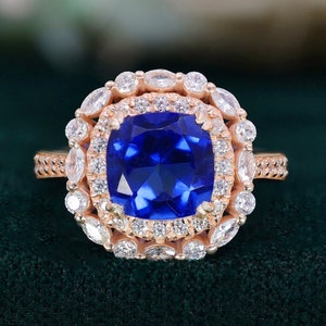Cushion Blue Sapphire 14K Rose Gold 925 Silver Ring Engagement Ring Wedding Ring Art Deco Ring Promise Ring Statement Ring Birthday Gift