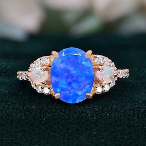 Oval Blue Opal 14K Rose Gold 925 Silver Ring Engagement Ring Wedding Ring Blue Fire Opal Ring Promise Ring Gift For Love Statement Ring