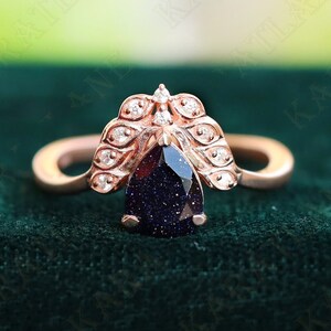 Pear Blue Sandstone 14K Rose Gold 925 Silver Ring Engagement Ring Wedding Ring Art Deco Ring Promise Ring Statement Ring Birthday Gift