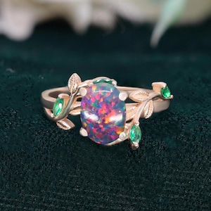 Oval Black Opal 14K Rose Gold 925 Silver Ring Engagement Ring Wedding Ring Black Fire Opal Ring Promise Ring Gift For Love Statement Ring