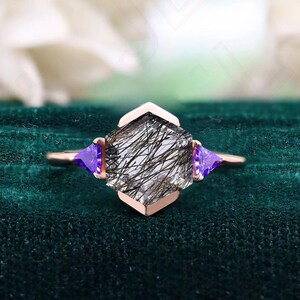 Hexagon Black Rutilated Quartz 14K Rose Gold 925 Silver Ring Engagement Ring Wedding Ring Art Deco Ring Promise Ring Statement Ring
