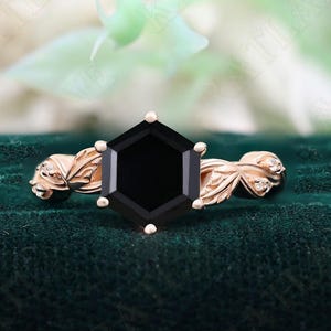 Hexagon Black Onyx 14K Rose Gold 925 Silver Ring Engagement Ring Wedding Ring Black Art Deco Ring Promise Ring Gift For Love Statement Ring