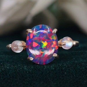 Oval Black Opal 14K Rose Gold 925 Silver Ring Engagement Ring Wedding Ring Black Fire Opal Ring Promise Ring Gift For Love Statement Ring