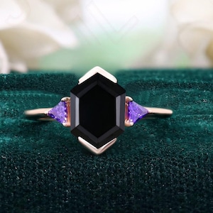 Hexagon Black Onyx 14K Rose Gold 925 Silver Ring Engagement Ring Wedding Ring Black Art Deco Ring Promise Ring Gift For Love Statement Ring