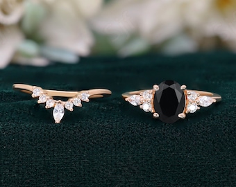 Oval Black Onyx 14K Rose Gold 925 Silver Engagement Ring Set Wedding Ring Set Bridal Ring Set Two Ring Set Stacking Rings Gift For Love