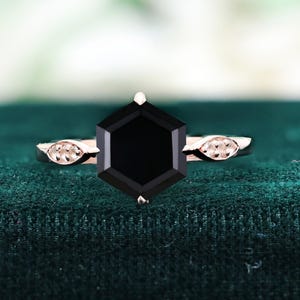 Hexagon Black Onyx 14K Rose Gold 925 Silver Ring Engagement Ring Wedding Ring Black Art Deco Ring Promise Ring Gift For Love Statement Ring