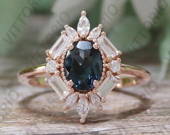Natural London Blue Topaz Ring, Oval 8x6mm London Blue Topaz Anniversary Ring, Birthstone Ring, Halo Proposal Ring, Women&#39;s Jewelry For Gift