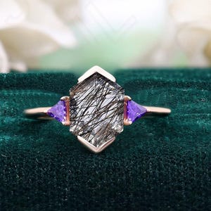 Hexagon Black Rutilated Quartz 14K Rose Gold 925 Silver Ring Engagement Ring Wedding Ring Art Deco Ring Promise Ring Statement Ring