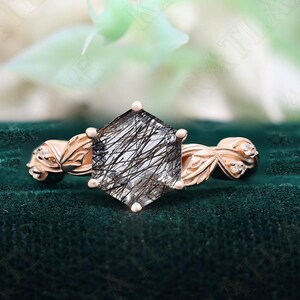 Hexagon Black Rutilated Quartz 14K Rose Gold 925 Silver Ring Engagement Ring Wedding Ring Art Deco Ring Promise Ring Statement Ring