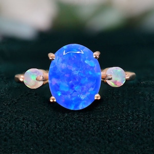 Oval Blue Opal 14K Rose Gold 925 Silver Ring Engagement Ring Wedding Ring Blue Fire Opal Ring Promise Ring Gift For Love Statement Ring
