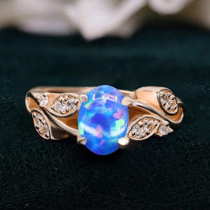 Oval Blue Opal 14K Rose Gold 925 Silver Ring Engagement Ring Wedding Ring Blue Fire Opal Ring Promise Ring Gift For Love Statement Ring