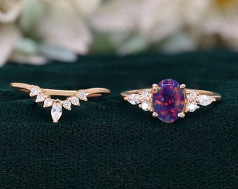 Oval Black Opal 14K Rose Gold 925 Silver Engagement Ring Set Wedding Set Ring Black Fire Opal Ring Set Stacking Rings Gift For Love