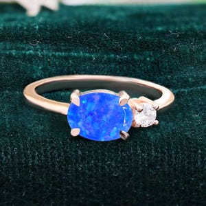Oval Blue Opal 14K Rose Gold 925 Silver Ring Engagement Ring Wedding Ring Blue Fire Opal Ring Promise Ring Gift For Love Statement Ring