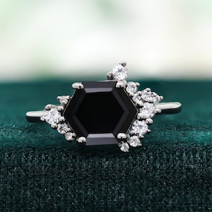 Hexagon Black Onyx 925 Silver Ring Black Rhodium Plated Engagement Ring Wedding Ring Black Ring Promise Ring Gift For Love Statement Ring