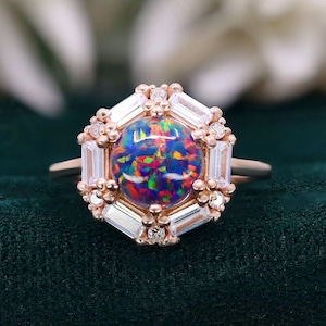 Opale noire ronde, or rose 14 carats, bague en argent 925, bague de fiançailles, bague de mariage, opale de feu noire, bague de promesse, cadeau pour amour, bague