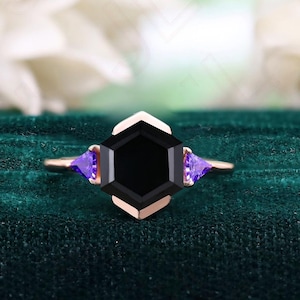 Hexagon Black Onyx 14K Rose Gold 925 Silver Ring Engagement Ring Wedding Ring Black Art Deco Ring Promise Ring Gift For Love Statement Ring