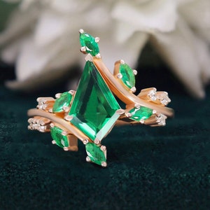 Kite Emerald 14K Rose Gold 925 Silver Ring Engagement Ring Wedding Ring Art Deco Ring Promise Ring Gift For Love Graduation Gift For Love