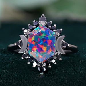 Hexagon Black Opal 925 Silver Ring Black Rhodium Plated Engagement Ring Wedding Ring Black Fire Opal Ring Promise Ring Gift Statement Ring