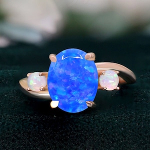 Oval Blue Opal 14K Rose Gold 925 Silver Ring Engagement Ring Wedding Ring Blue Fire Opal Ring Promise Ring Gift For Love Statement Ring