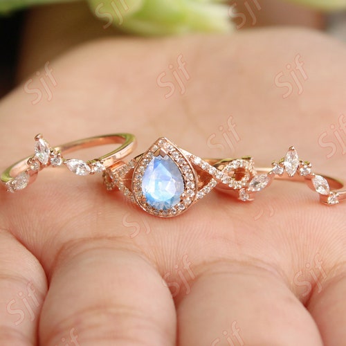 8x6mm Pear Natural Rainbow Moonstone Wedding shops Ring Set, Pear Cut Moonstone Anniversary Ring Set For Women, June Birthstone Gift For Wife