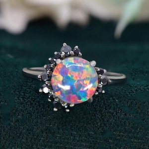 Runder Schwarzer Opal 925er Silberring Schwarz rhodiniert Verlobungsring Ehering Schwarzer Ring Versprechensring Geschenk für Liebe Statement Ring