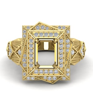 May include: A gold ring featuring a geometric design and a square-shaped setting for a gemstone. The ring is adorned with small diamonds around the setting.