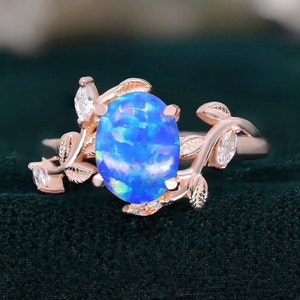 Oval Blue Opal 14K Rose Gold 925 Silver Ring Engagement Ring Wedding Ring Blue Fire Opal Ring Promise Ring Gift For Love Statement Ring