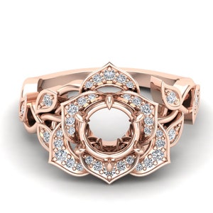 Round 8 mm Round Shape Semi mount art deco Engagement Gold Ring, Flower Semi Mount Gold Ring , Floral Ring, Natural Diamond Semi Mount Ring