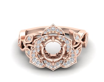 Round 8 mm Round Shape Semi mount art deco Engagement Gold Ring, Flower Semi Mount Gold Ring , Floral Ring, Natural Diamond Semi Mount Ring